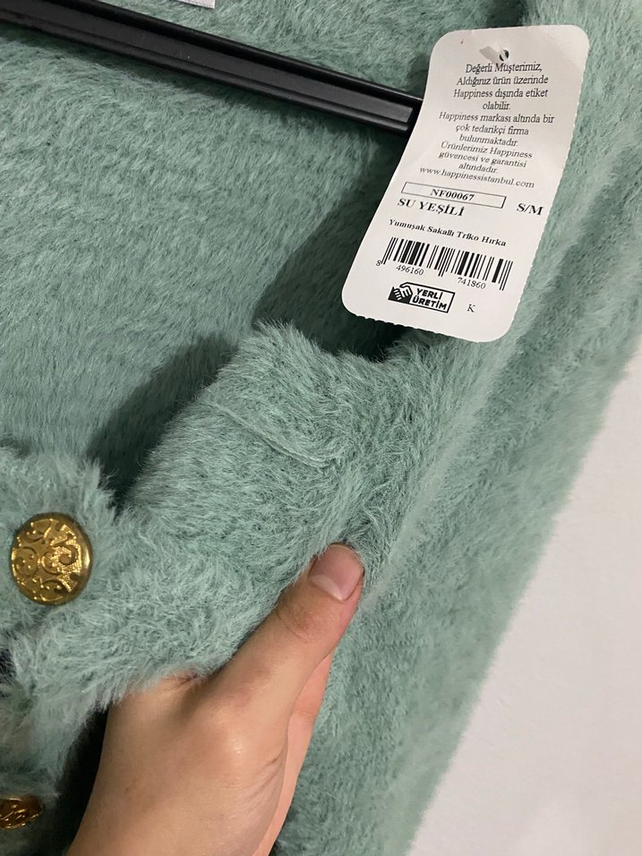 Düğmeli Yeşil Mini tüylü Yumoş Triko Hırka - Görsel 4