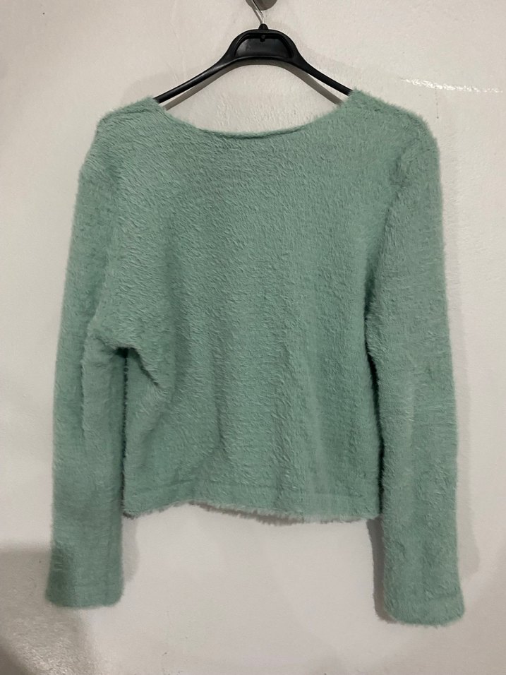 Düğmeli Yeşil Mini tüylü Yumoş Triko Hırka - Görsel 5