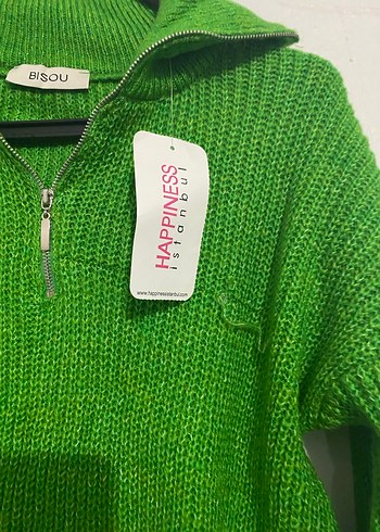 Yeşil Yarım Fermuarlı Örgü triko Kadın Kazak - Görsel 2