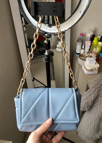 Zincir Detaylı Açık Mavi Deri Kadın Çanta - Görsel 2