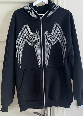 Fermuarlı Siyah Kapüşonlu Gotik Sweatshirt