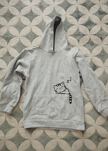 Gri Kapüşonlu Kedi Desenli Sweatshirt