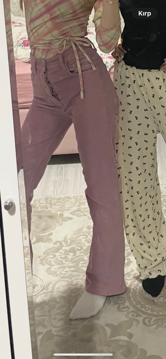 Düğmeli kadife Mor Kadın ispanyol paça Pantolon Flare pantolon - Görsel 2