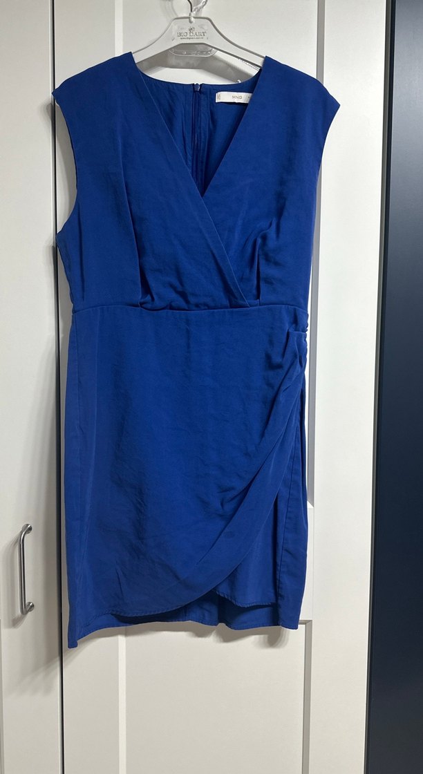 Kolsuz Drapeli Mavi Mini Elbise - Görsel 3