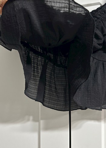 Siyah Fırfırlı Keten Mini Bluz - Görsel 3