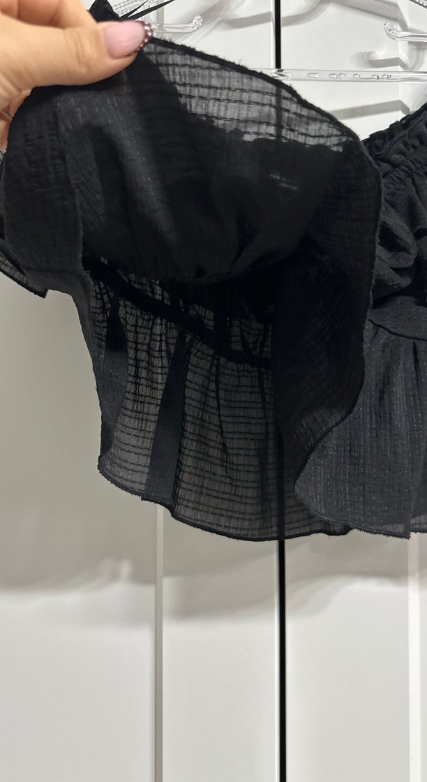 Siyah Fırfırlı Keten Mini Bluz - Görsel 3