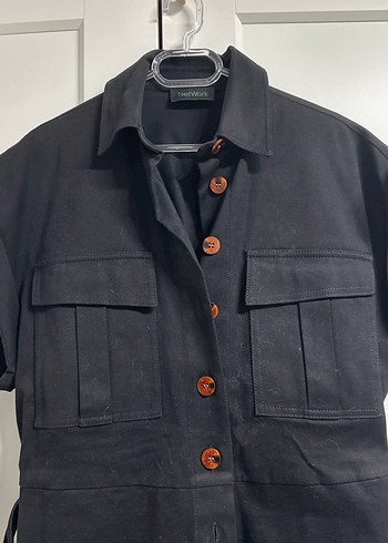 Kemerli Siyah Mini Keten Elbise - Görsel 2