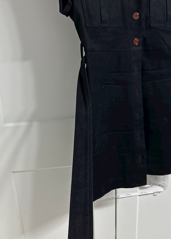 Kemerli Siyah Mini Keten Elbise - Görsel 3