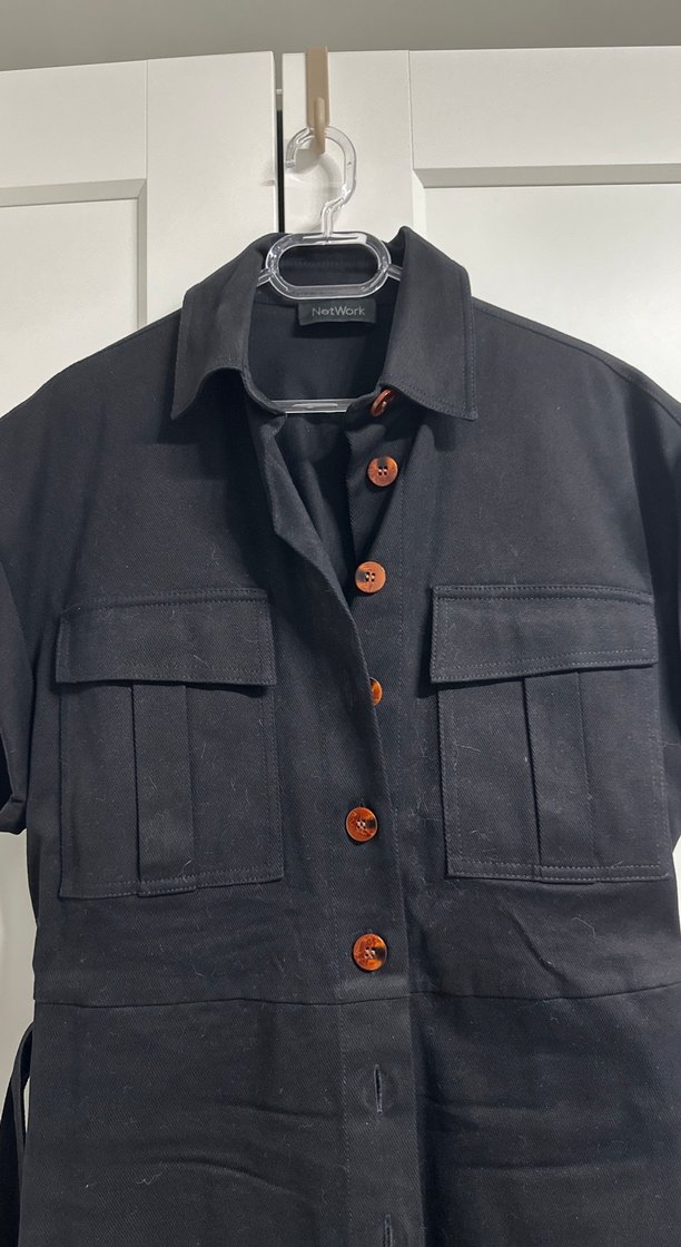 Kemerli Siyah Mini Keten Elbise - Görsel 2