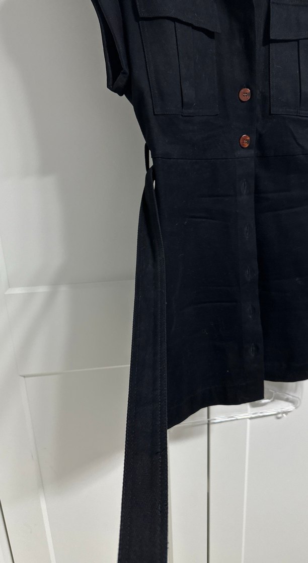 Kemerli Siyah Mini Keten Elbise - Görsel 3