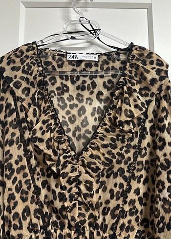 Kahverengi Leopar Desenli Uzun Kollu Bluz - Görsel 2