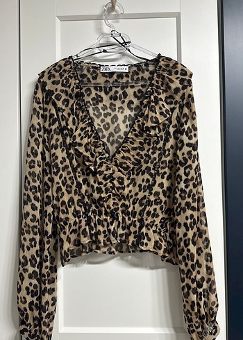 Kahverengi Leopar Desenli Uzun Kollu Bluz - Görsel 3