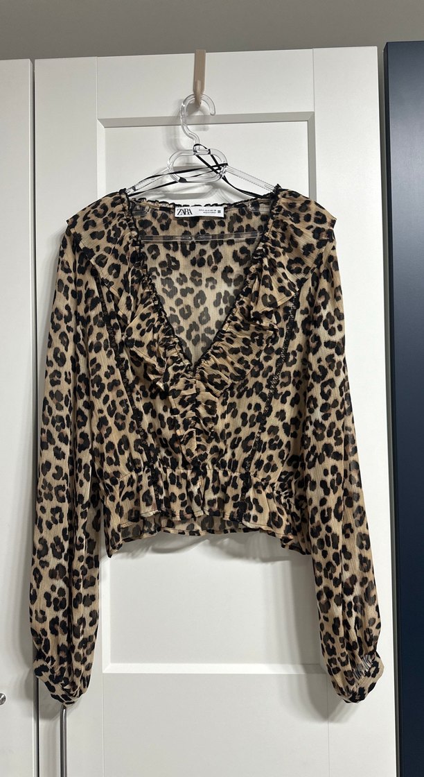 Kahverengi Leopar Desenli Uzun Kollu Bluz - Görsel 3