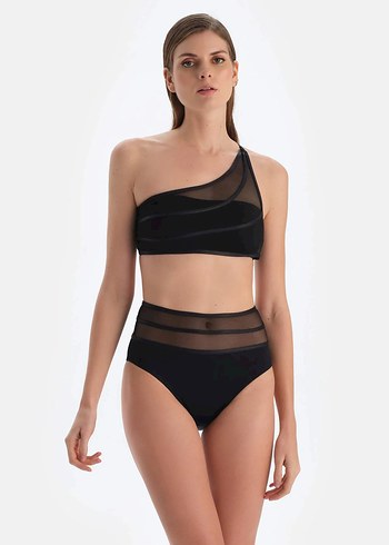 36 Beden siyah Renk Siyah yüksek bel bikini altı & tek omuz bikini üst