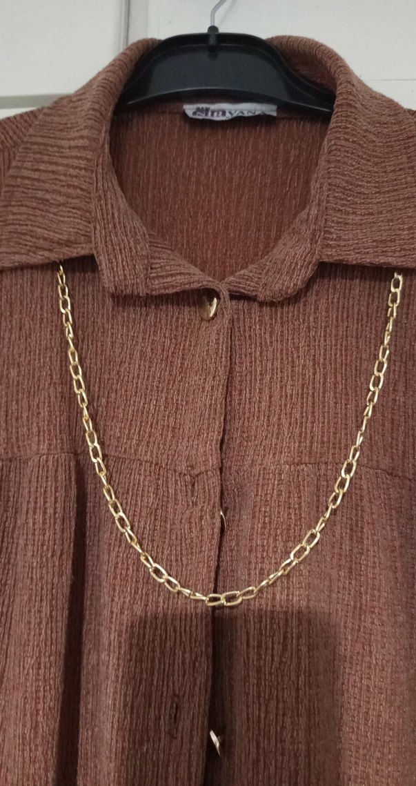 Zincir Detaylı Uzun Kahverengi Triko Elbise - Görsel 5