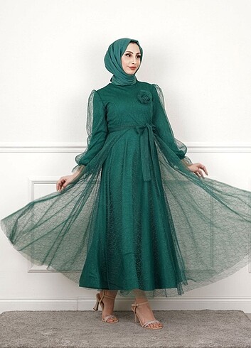 SİMLİ ORGANZE ABİYE - ZÜMRÜT YEŞİLİ - Görsel 4