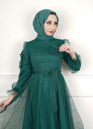 SİMLİ ORGANZE ABİYE - ZÜMRÜT YEŞİLİ - Görsel 3