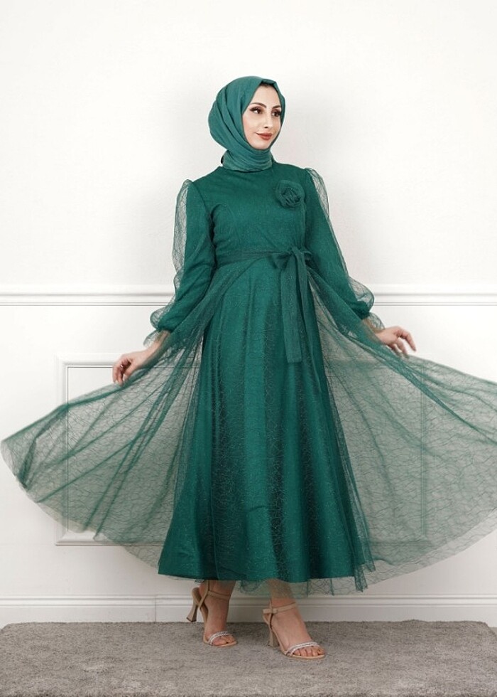 SİMLİ ORGANZE ABİYE - ZÜMRÜT YEŞİLİ - Görsel 4