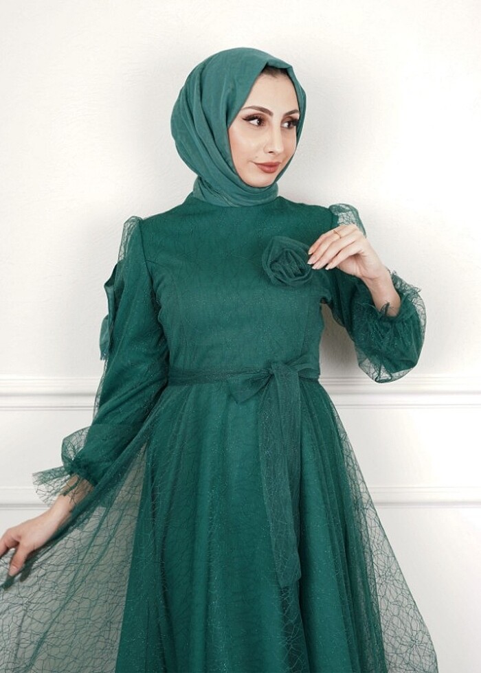 SİMLİ ORGANZE ABİYE - ZÜMRÜT YEŞİLİ - Görsel 3