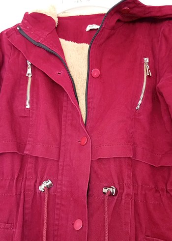 Bordo Düğmeli Uzun Kadın Kaban - Görsel 8