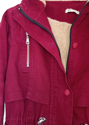 Bordo Düğmeli Uzun Kadın Kaban - Görsel 3