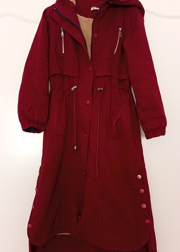 Bordo Düğmeli Uzun Kadın Kaban - Görsel 2