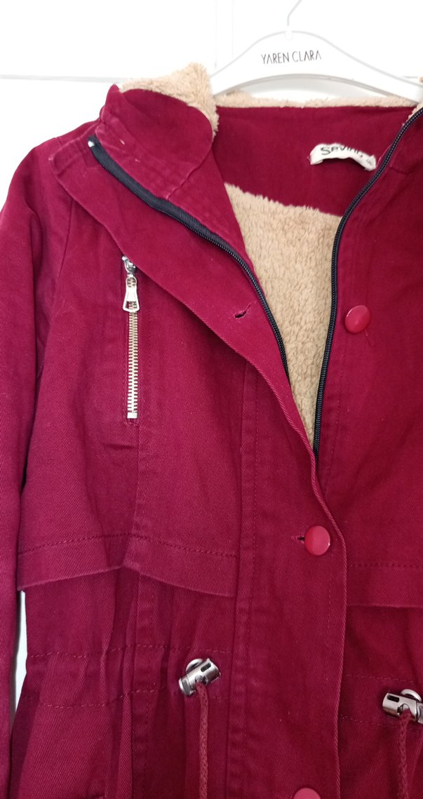 Bordo Düğmeli Uzun Kadın Kaban - Görsel 3