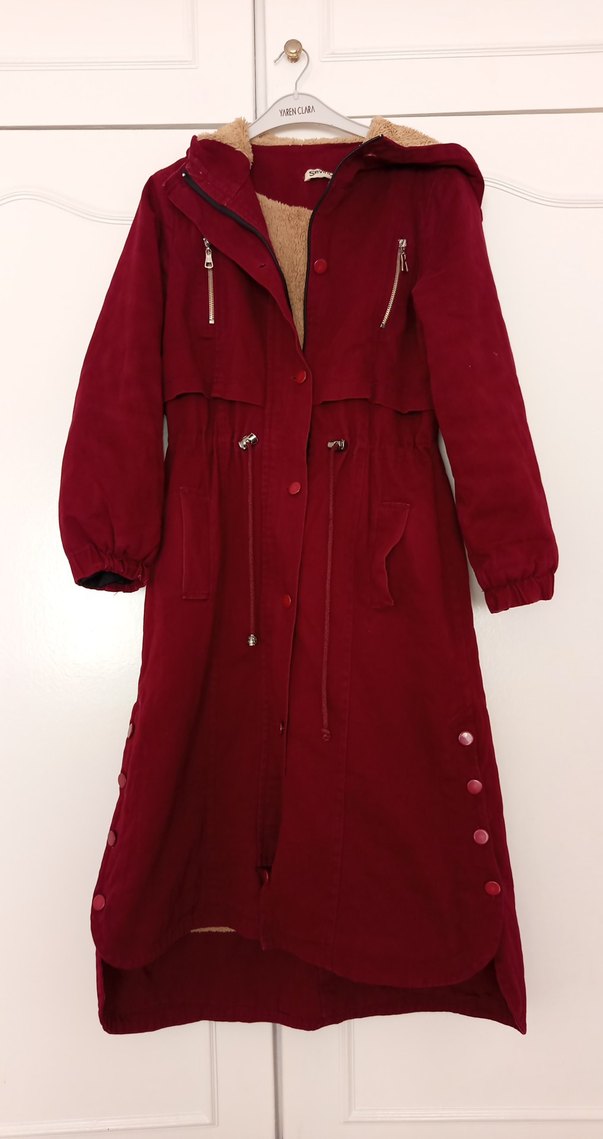 Bordo Düğmeli Uzun Kadın Kaban - Görsel 2