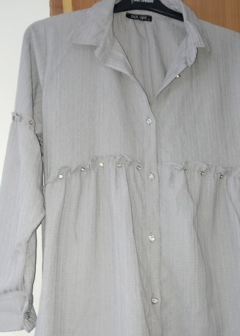 Gri Uzun Kollu Bol Kesim Keten Gömlek - Görsel 3