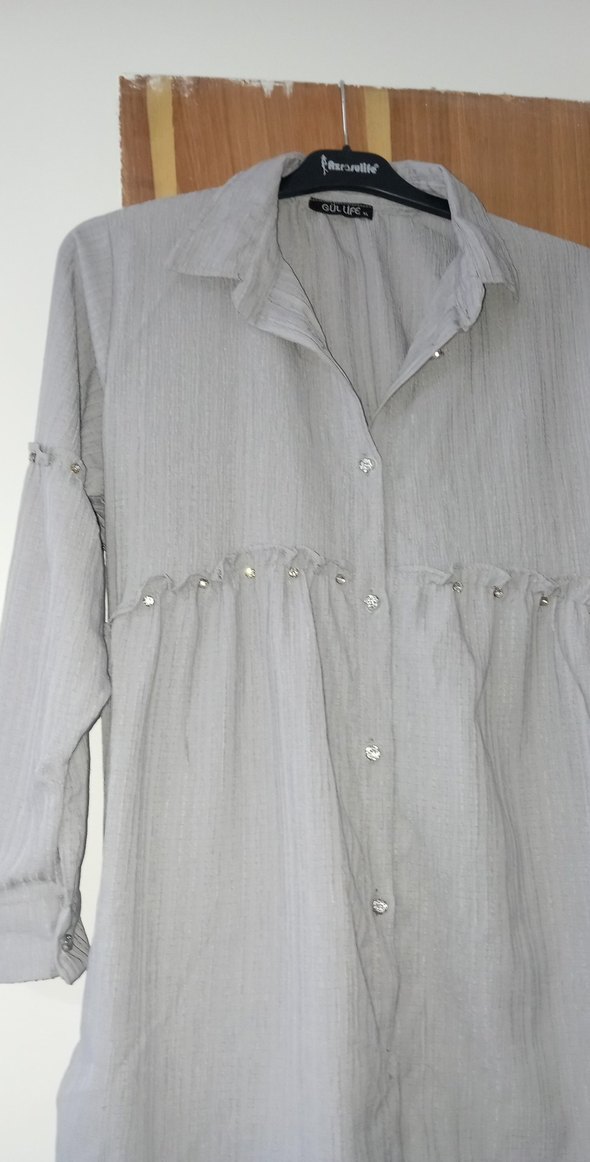 Gri Uzun Kollu Bol Kesim Keten Gömlek - Görsel 3