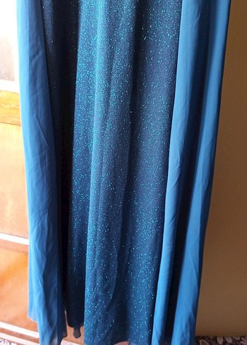 Uzun Kollu Turkuaz Drapeli Abiye Elbise - Görsel 5