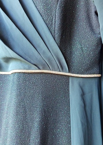 Uzun Kollu Turkuaz Drapeli Abiye Elbise - Görsel 6