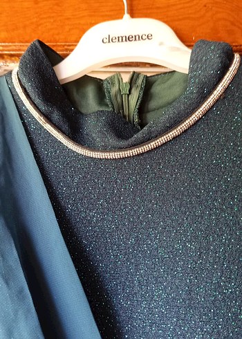 Uzun Kollu Turkuaz Drapeli Abiye Elbise - Görsel 7