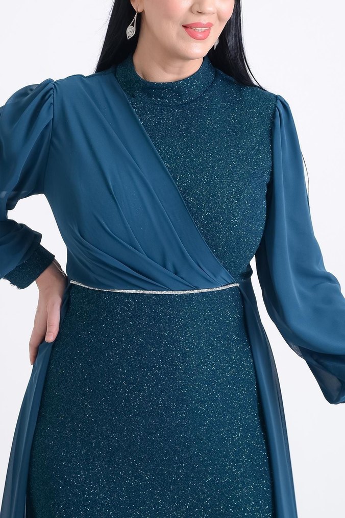 Uzun Kollu Turkuaz Drapeli Abiye Elbise - Görsel 3