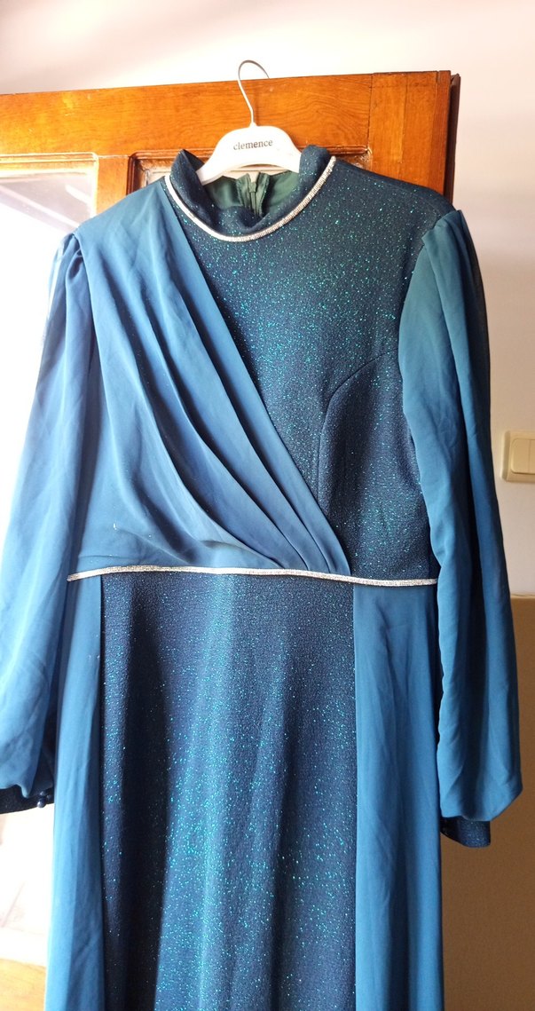 Uzun Kollu Turkuaz Drapeli Abiye Elbise - Görsel 4