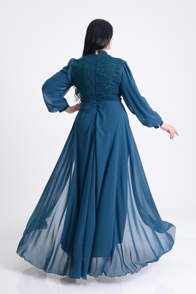 Uzun Kollu Turkuaz Drapeli Abiye Elbise - Görsel 2