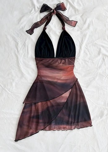 Kahverengi Bağlamalı Mini Elbise - Görsel 3