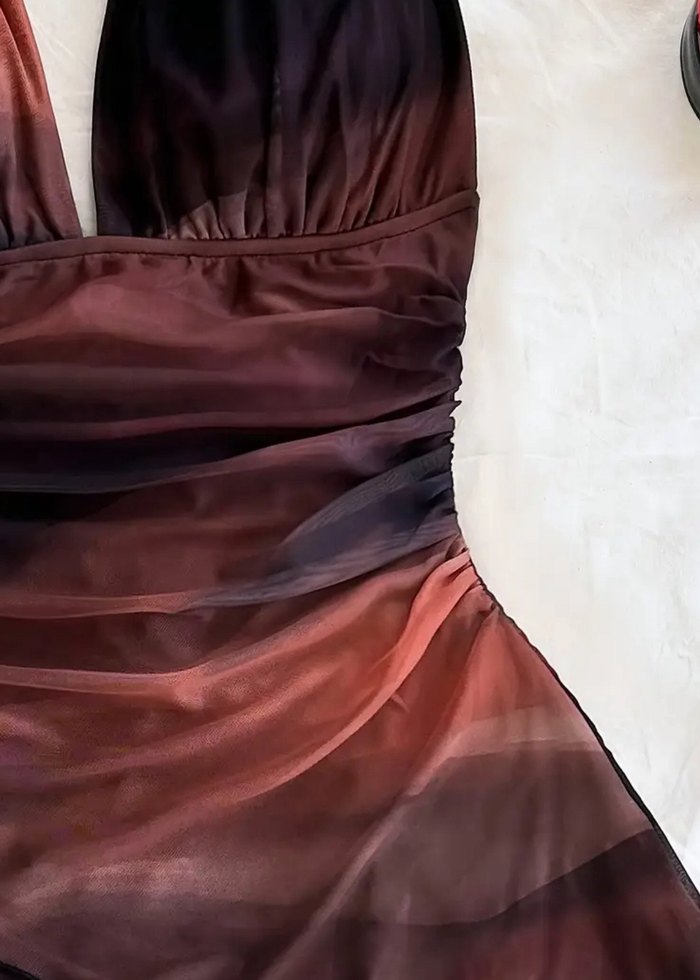 Kahverengi Bağlamalı Mini Elbise - Görsel 4