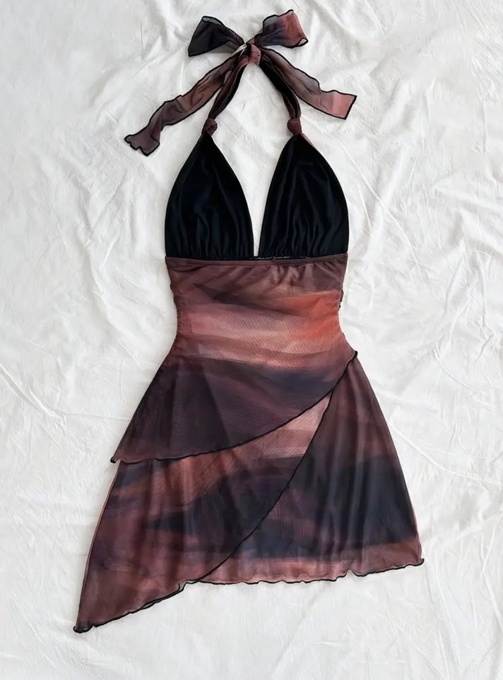 Kahverengi Bağlamalı Mini Elbise - Görsel 3