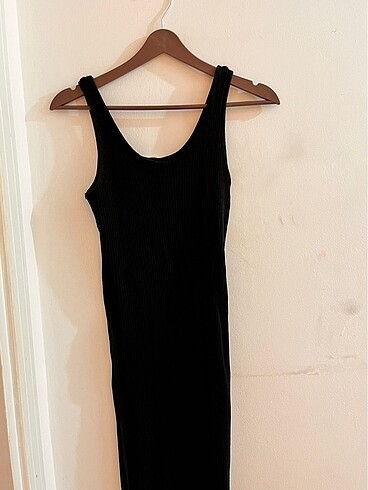 H&M siyah fitilli uzun elbise