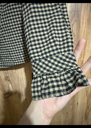 m Beden camel Renk Düğmeli Uzun Kollu Bej Kareli Kadın Gömlek