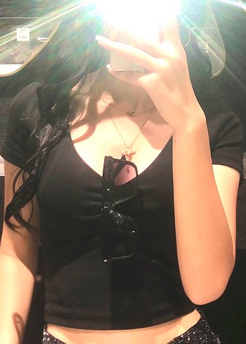 s Beden V Yakalı Siyah Kadın Crop Top