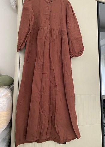 Bej Uzun Kollu Bol Kesim müslin  Elbise - Görsel 7