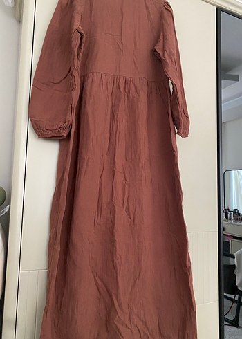 Bej Uzun Kollu Bol Kesim müslin  Elbise - Görsel 4