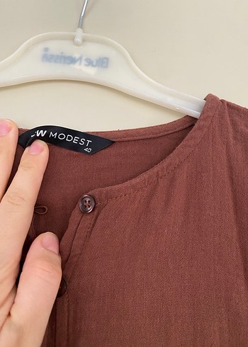 Bej Uzun Kollu Bol Kesim müslin  Elbise - Görsel 6