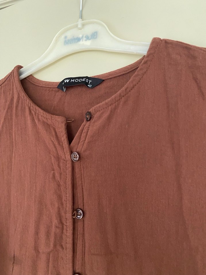 Bej Uzun Kollu Bol Kesim müslin  Elbise - Görsel 3