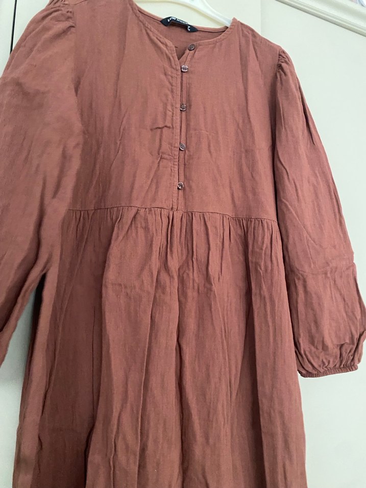 Bej Uzun Kollu Bol Kesim müslin  Elbise - Görsel 5