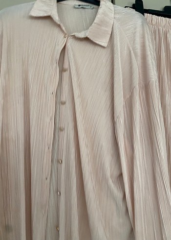 Bej Pilili Kadın Keten Pantolon gömlek takım - Görsel 3