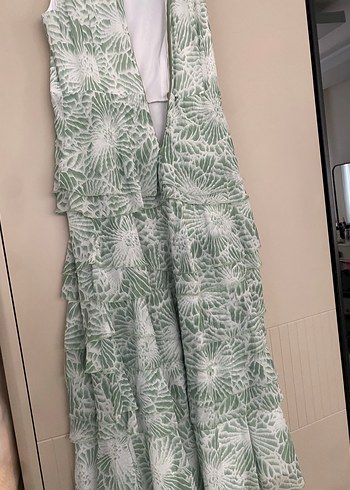 Yeşil Desenli pelerinli elbise, uzun , Robalı - Görsel 5