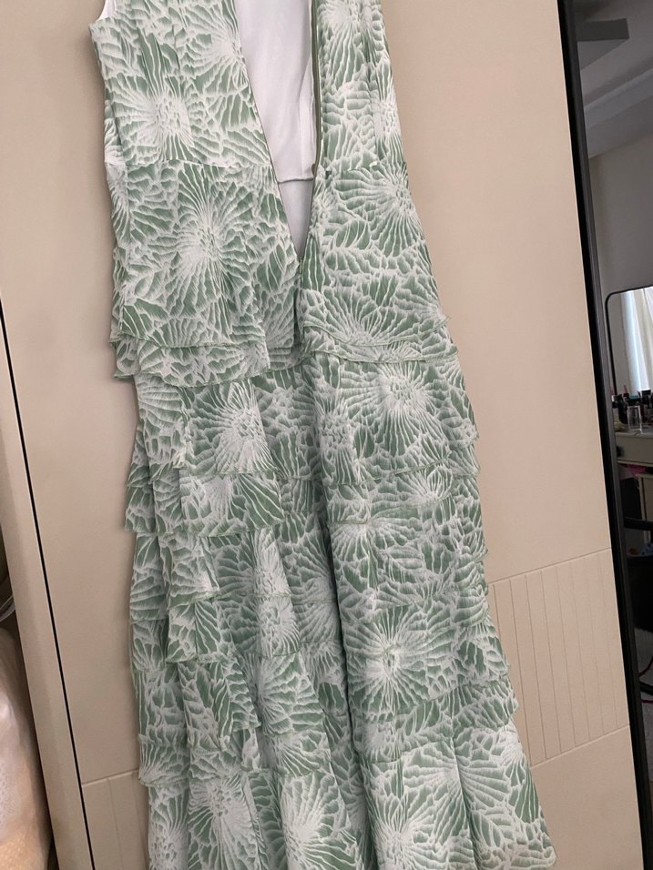 Yeşil Desenli pelerinli elbise, uzun , Robalı - Görsel 5